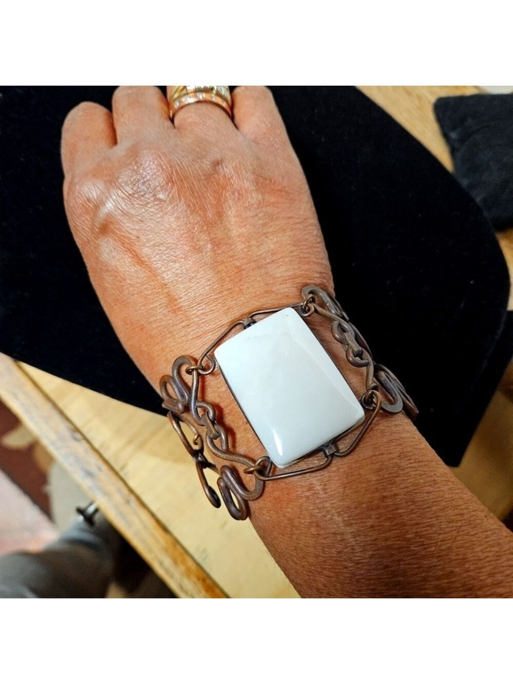 Vintage White Agate & Brass Twist Bracelet